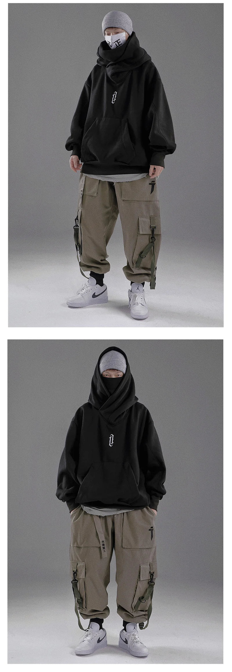 Embroidery Turtleneck Sweatshirt For Men Japanese Ninja Hoodies Autumn Hip Hop Fleece Pocket Streetwear Oversized Y2K Hoody Ghost District