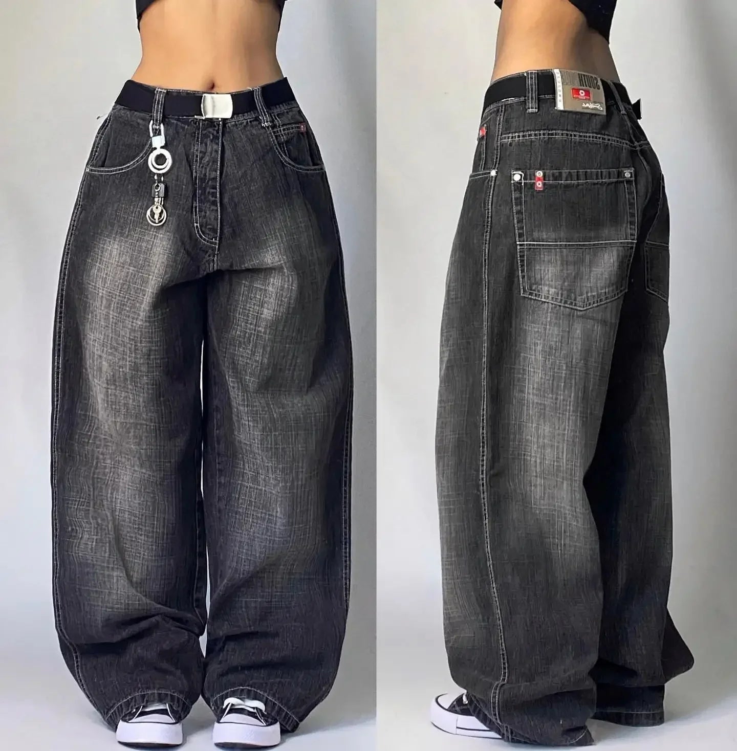 American Trend Retro Gothic Embroidery Graphics Washed Baggy Jeans Women's Y2K New Harajuku Hip-Hop Punk Rock Couple Street Wear Ghost District