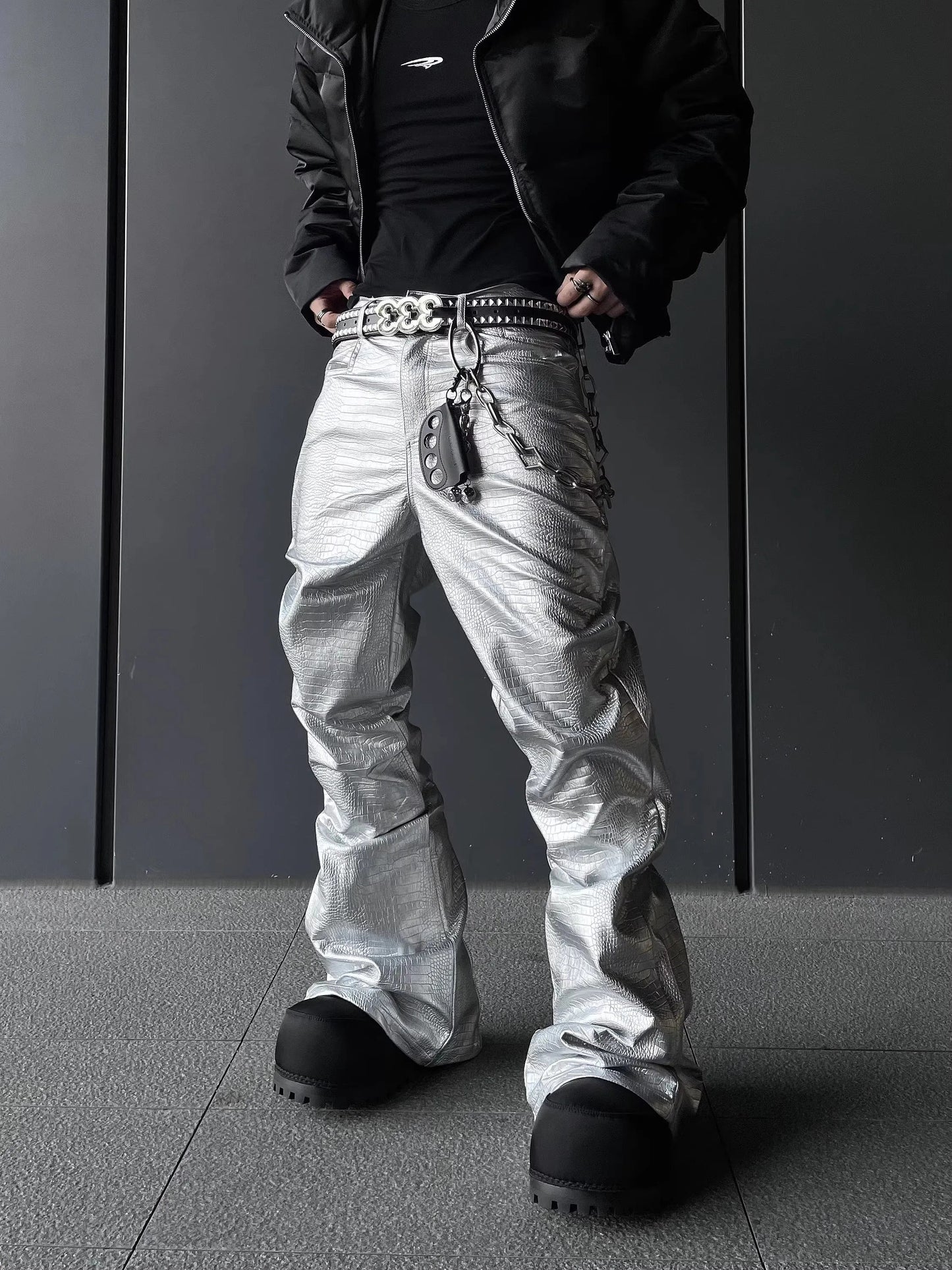Mauroicardi Spring Autumn Cool Handsome Long Black Crocodile Print Pu Leather Pants for Men Luxury Designer Floor Length Clothes - Ghost District