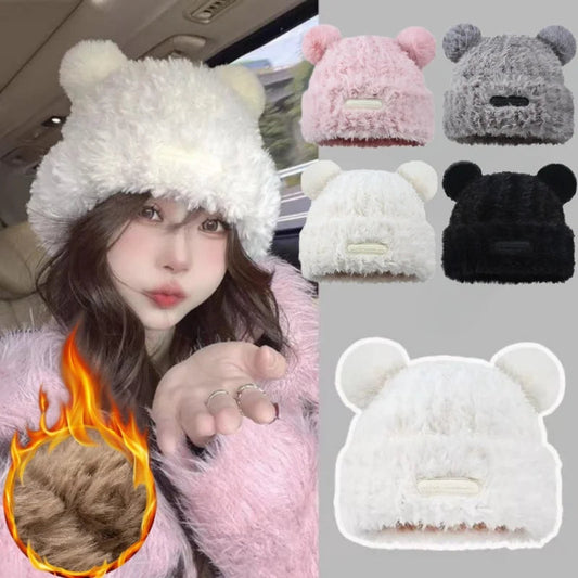 Cute Bear Knit Hat for Women Winter Thickened Fluffy Warm Fleece Beanie Oversized Head Wrap Chunky Crochet Cap Autumn Winter - Ghost District