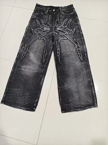 Gothic Retro Oversized Baggy Fit Unisex Mopping Pants Y2K Phantom Jeans High Street Spider Embroidered Patch Hip Hop Streetwear Ghost District