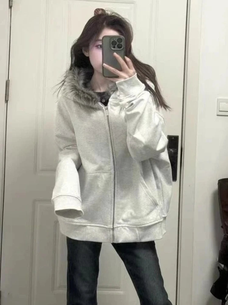 American Vintage Black Faux Fur Sweatshirts Women Letter Printed Subculture Coats with Hooded Female Gothic Harajuku Jackets Y2k Ghost District