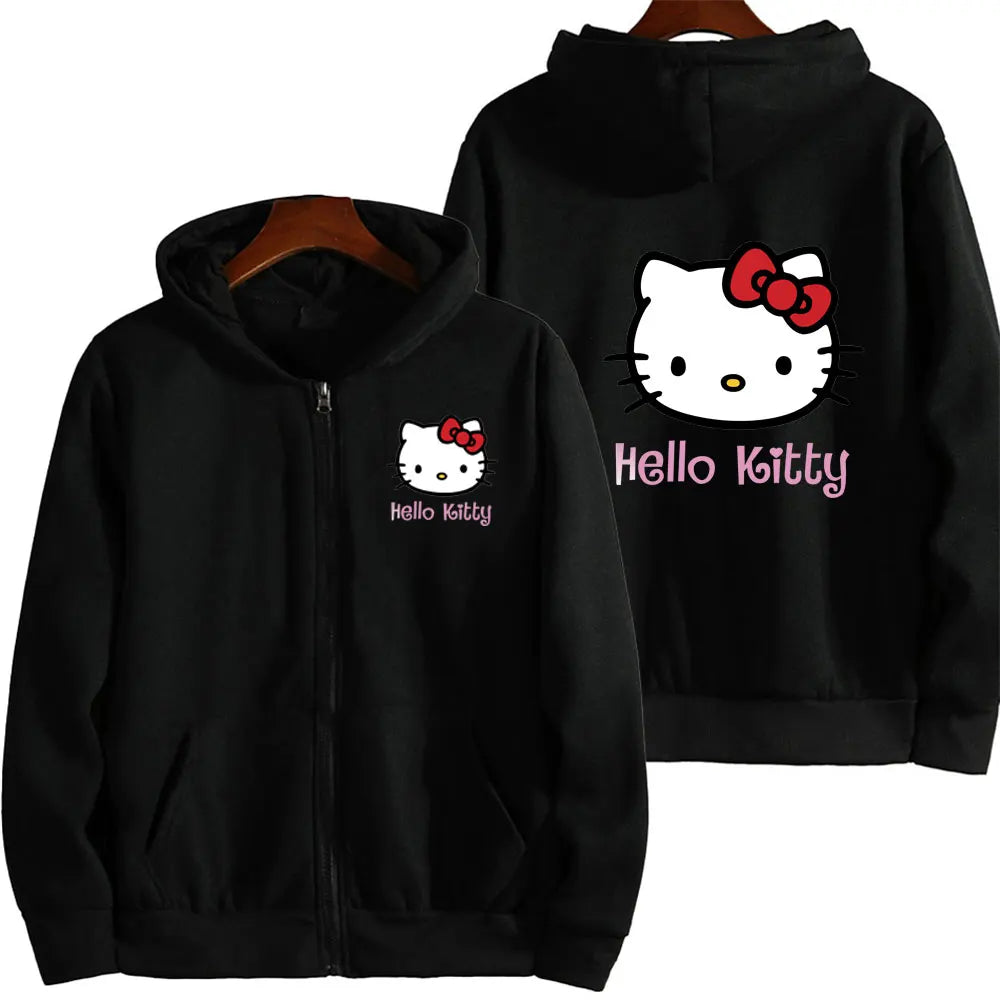 Women's Zipper Hoodie Autumn and Winter New Cute Kawaii Sanrio Hello Kitty Pattern Sweatshirt 2024 Streetwear Women's Clothing Ghost District