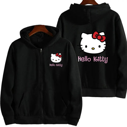 Women's Zipper Hoodie Autumn and Winter New Cute Kawaii Sanrio Hello Kitty Pattern Sweatshirt 2024 Streetwear Women's Clothing Ghost District