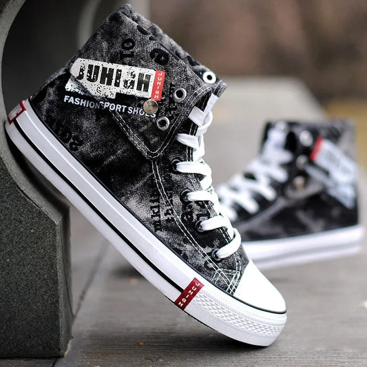 Print Denim Shoes for Men High Top Canvas Shoes Lace-up Flat Street Hip Hop Men Shoes Western Male Cowboy Boots Tenis Masculino - Ghost District
