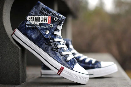 Print Denim Shoes for Men High Top Canvas Shoes Lace-up Flat Street Hip Hop Men Shoes Western Male Cowboy Boots Tenis Masculino - Ghost District