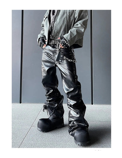 Mauroicardi Spring Autumn Cool Handsome Long Black Crocodile Print Pu Leather Pants for Men Luxury Designer Floor Length Clothes - Ghost District
