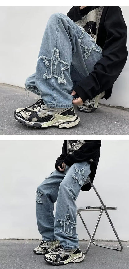 2025 New Fashion Stars Towel Embroidery Brown Men Jeans Pants Y2K Clothes Straight Hip Hop Cotton Trousers Pantalon Homme - Ghost District