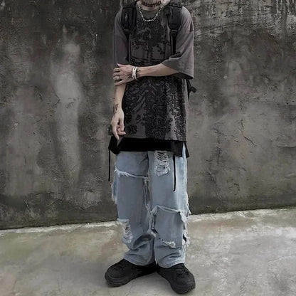 Men T-shirts 2023 Summer Streetwear High Street Gothic Skull Tshirt Loose Oversized Short-sleeved T shirt Dark Anime Men Y2k Top Ghost District