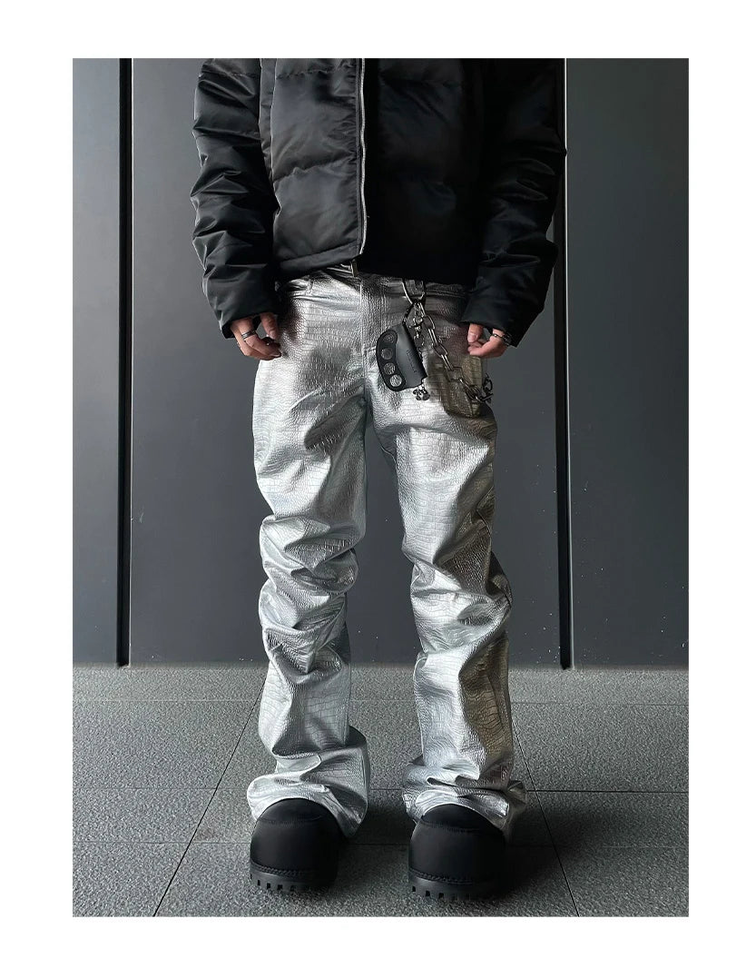 Mauroicardi Spring Autumn Cool Handsome Long Black Crocodile Print Pu Leather Pants for Men Luxury Designer Floor Length Clothes - Ghost District