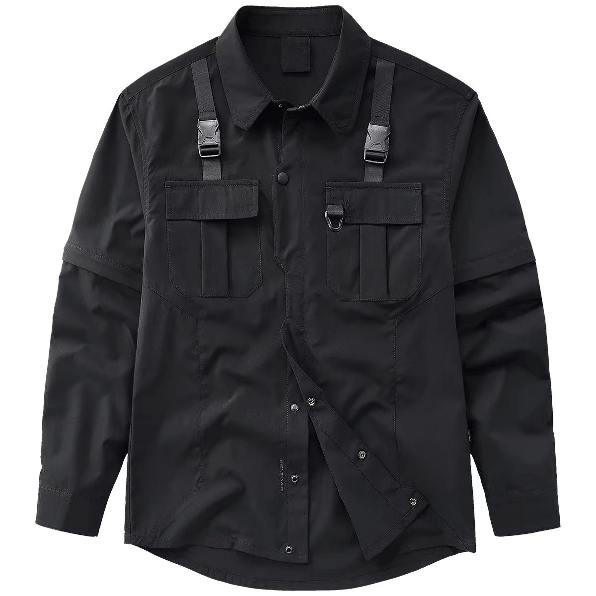 Men's Techwear Button Up Shirt Oversized Streetwear Harajuku Hip Hop Shirts Detachable Sleeve Black Tooling Button Up Blouse - Ghost District