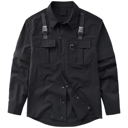 Men's Techwear Button Up Shirt Oversized Streetwear Harajuku Hip Hop Shirts Detachable Sleeve Black Tooling Button Up Blouse - Ghost District