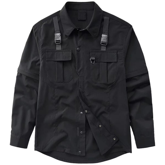 Men's Techwear Button Up Shirt Oversized Streetwear Harajuku Hip Hop Shirts Detachable Sleeve Black Tooling Button Up Blouse - Ghost District
