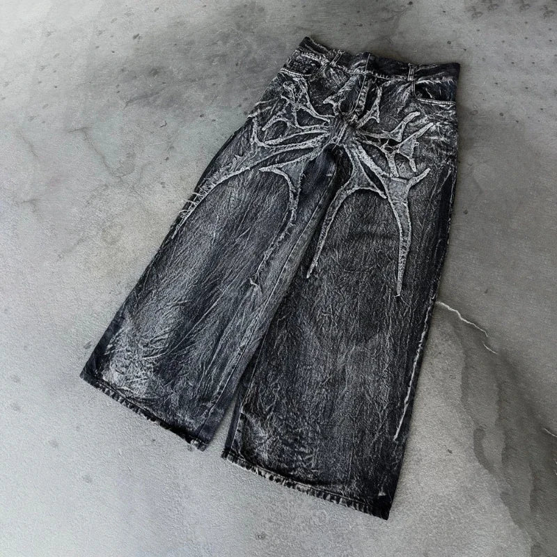 Gothic Retro Oversized Baggy Fit Unisex Mopping Pants Y2K Phantom Jeans High Street Spider Embroidered Patch Hip Hop Streetwear Ghost District