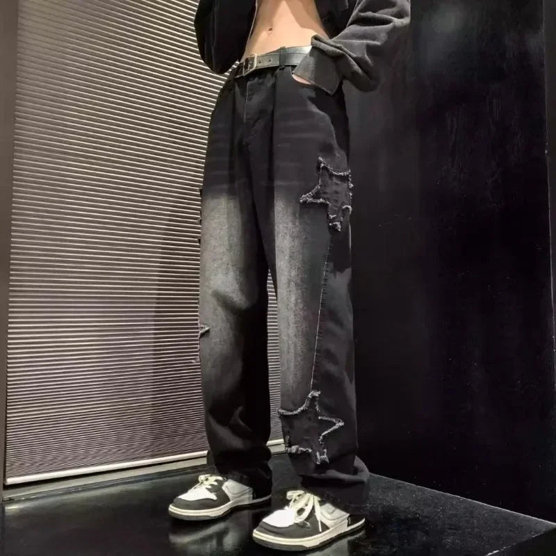 2025 New Fashion Stars Towel Embroidery Brown Men Jeans Pants Y2K Clothes Straight Hip Hop Cotton Trousers Pantalon Homme - Ghost District