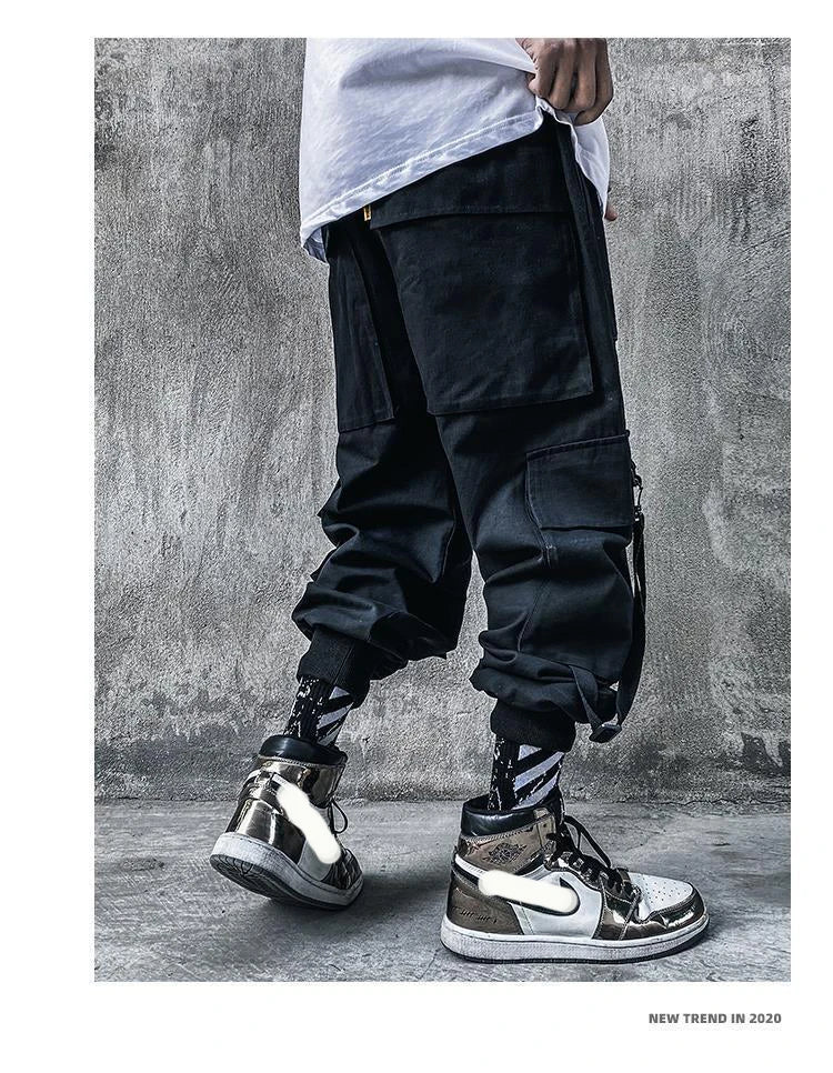 Techwear Ribbons Tactical Cargo Baggy Pants Jogger Men Casual Letter Hip Hop Teenager Sweatpants Joggers Cropped Pants For Men - Ghost District