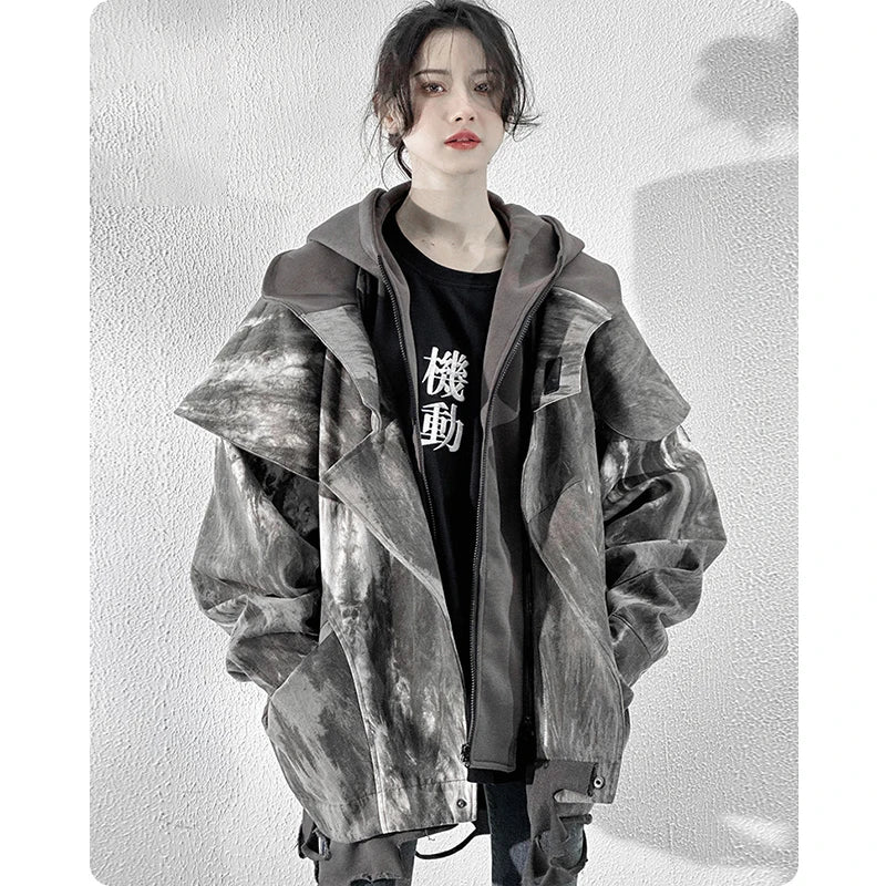 Unisex High Street Functional Cargo Jacket Techwear Fake two-piece Tactical Windbreaker Coats Streetwear Men's clothing Oversize - Ghost District