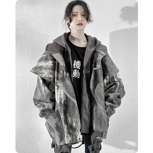 Unisex High Street Functional Cargo Jacket Techwear Fake two-piece Tactical Windbreaker Coats Streetwear Men's clothing Oversize - Ghost District