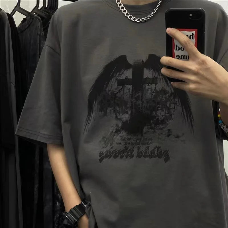 Men T-shirts 2023 Summer Streetwear High Street Gothic Skull Tshirt Loose Oversized Short-sleeved T shirt Dark Anime Men Y2k Top Ghost District