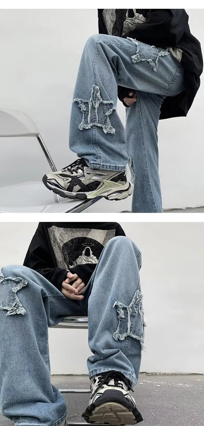 2025 New Fashion Stars Towel Embroidery Brown Men Jeans Pants Y2K Clothes Straight Hip Hop Cotton Trousers Pantalon Homme - Ghost District