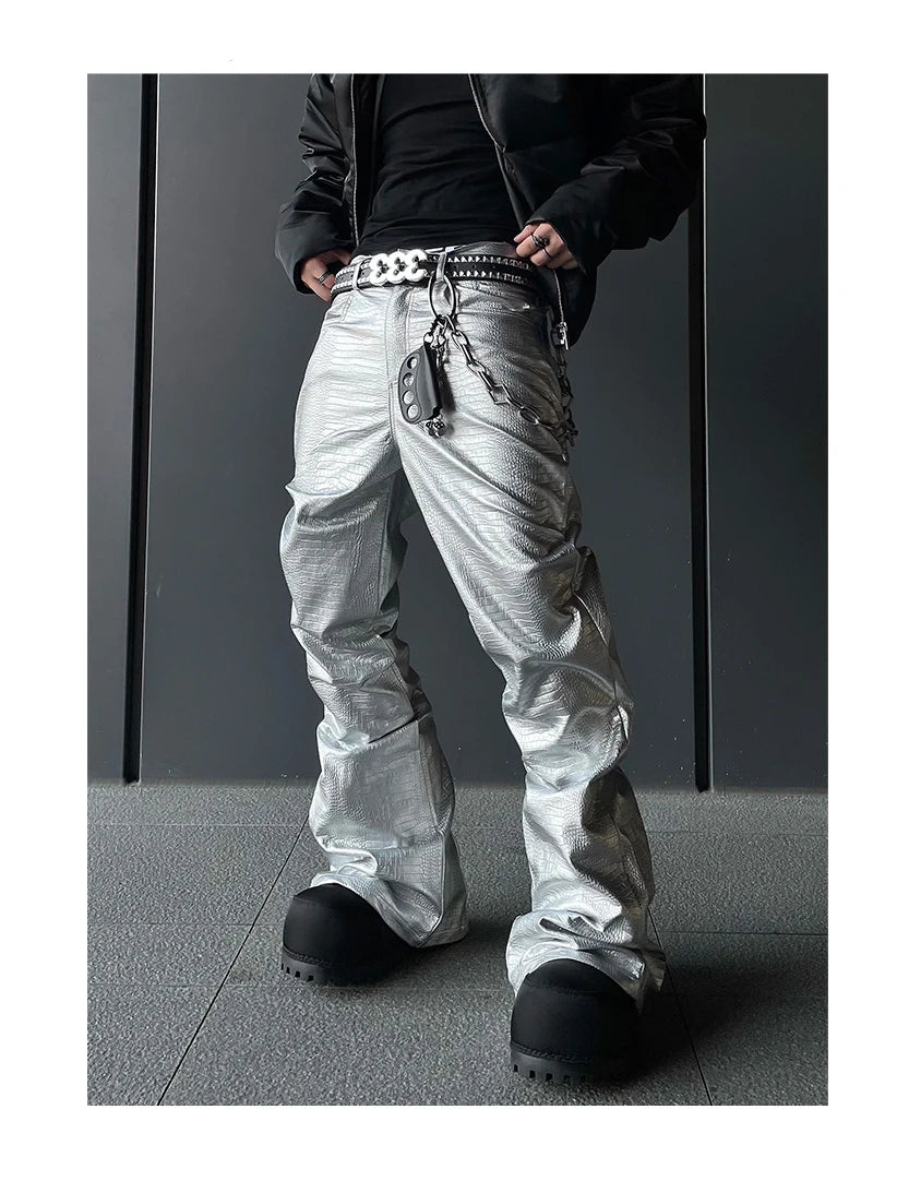 Mauroicardi Spring Autumn Cool Handsome Long Black Crocodile Print Pu Leather Pants for Men Luxury Designer Floor Length Clothes - Ghost District
