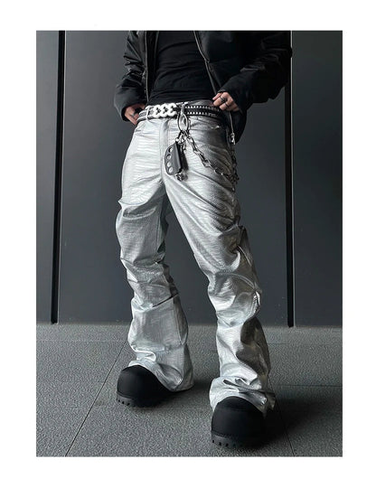 Mauroicardi Spring Autumn Cool Handsome Long Black Crocodile Print Pu Leather Pants for Men Luxury Designer Floor Length Clothes - Ghost District