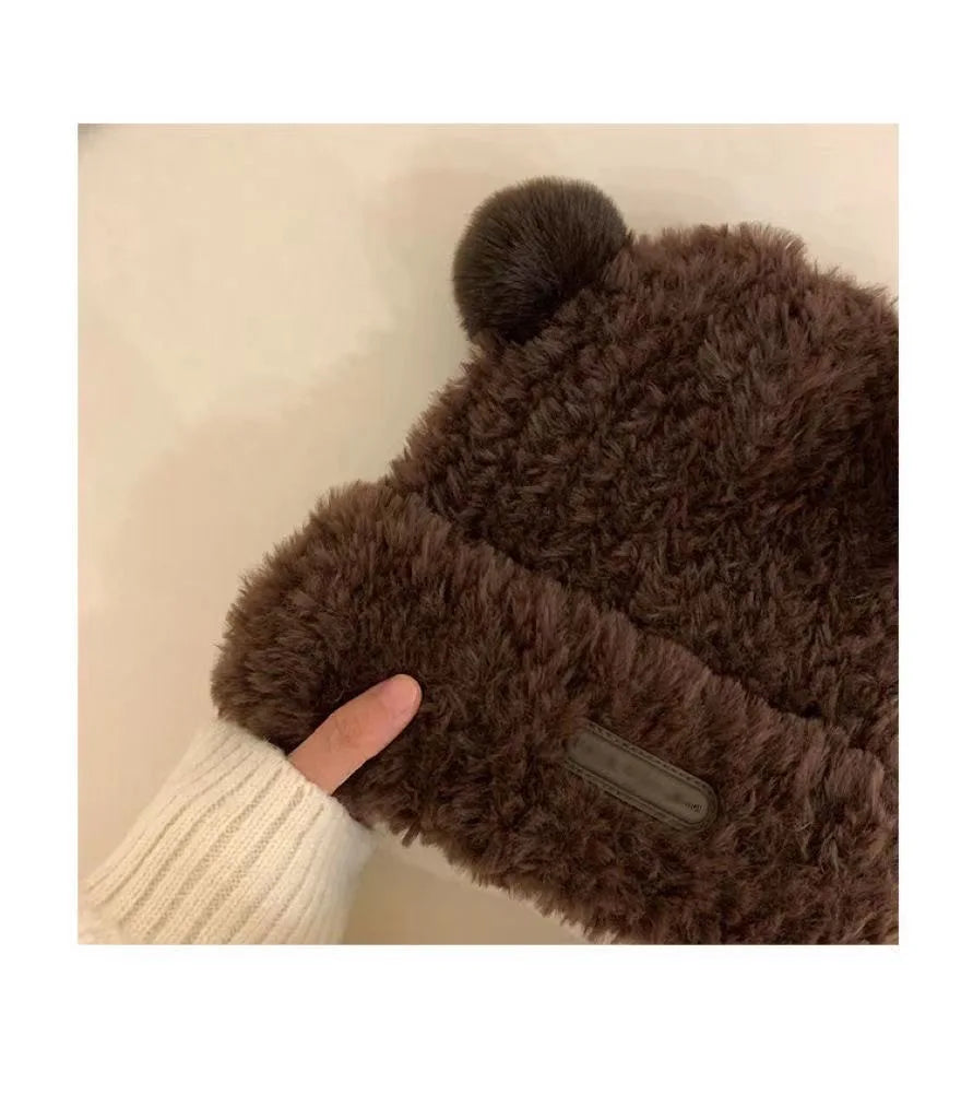 Cute Bear Knit Hat for Women Winter Thickened Fluffy Warm Fleece Beanie Oversized Head Wrap Chunky Crochet Cap Autumn Winter - Ghost District