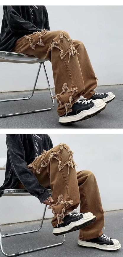 2025 New Fashion Stars Towel Embroidery Brown Men Jeans Pants Y2K Clothes Straight Hip Hop Cotton Trousers Pantalon Homme - Ghost District