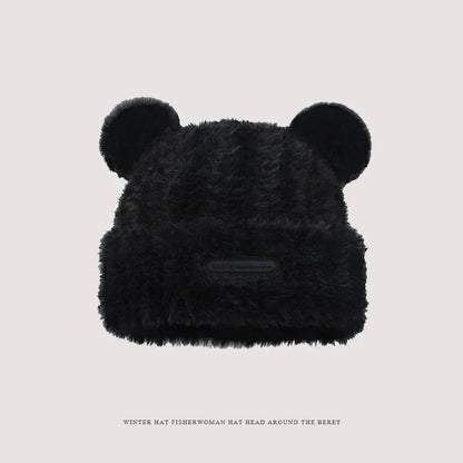 Cute Bear Knit Hat for Women Winter Thickened Fluffy Warm Fleece Beanie Oversized Head Wrap Chunky Crochet Cap Autumn Winter - Ghost District