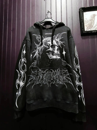 Y2K Harajuku Gothic Style White Oversized Hoodie with Intricate Skull Graphic Print Elaborate Holy Writ Script Design Streetwear - Ghost District