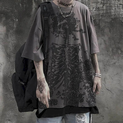 Men T-shirts 2023 Summer Streetwear High Street Gothic Skull Tshirt Loose Oversized Short-sleeved T shirt Dark Anime Men Y2k Top Ghost District