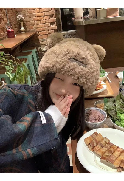 Cute Bear Knit Hat for Women Winter Thickened Fluffy Warm Fleece Beanie Oversized Head Wrap Chunky Crochet Cap Autumn Winter - Ghost District