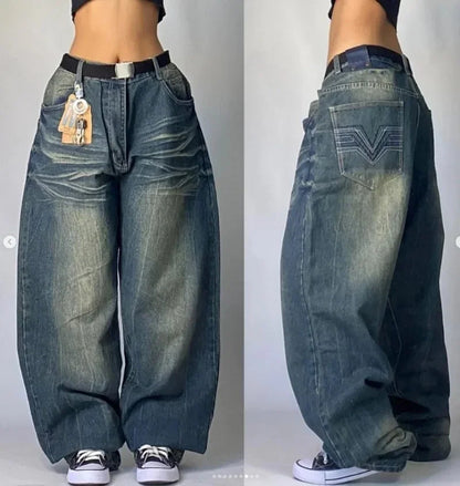 American Trend Retro Gothic Embroidery Graphics Washed Baggy Jeans Women's Y2K New Harajuku Hip-Hop Punk Rock Couple Street Wear Ghost District