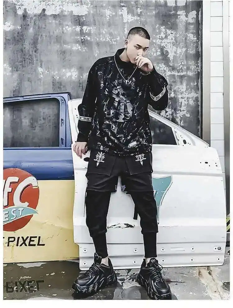 HKSH Fake Two Pieces Embroidered Legged Overalls High Street Hip Hop Dark Techwear Autumn Winter New Cargo Pants Trendy HK2900 Ghost District