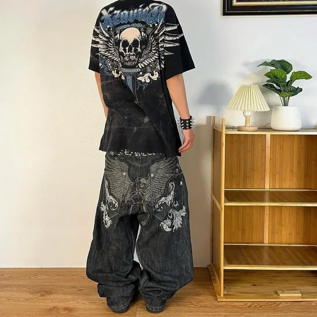 American Trend Retro Gothic Embroidery Graphics Washed Baggy Jeans Women's Y2K New Harajuku Hip-Hop Punk Rock Couple Street Wear Ghost District