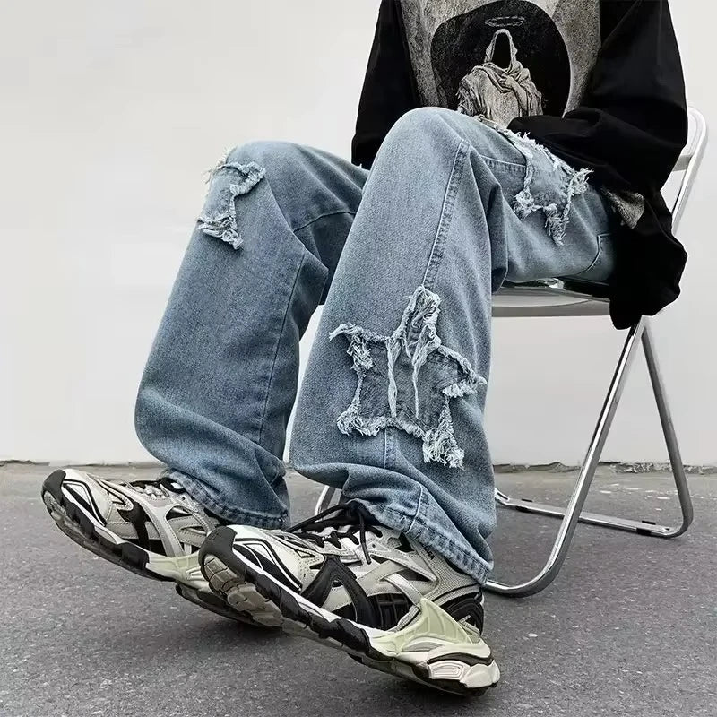 2025 New Fashion Stars Towel Embroidery Brown Men Jeans Pants Y2K Clothes Straight Hip Hop Cotton Trousers Pantalon Homme - Ghost District