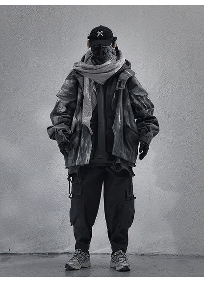 Unisex High Street Functional Cargo Jacket Techwear Fake two-piece Tactical Windbreaker Coats Streetwear Men's clothing Oversize - Ghost District