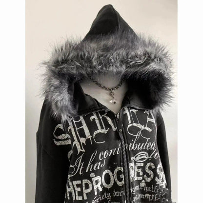 American Vintage Black Faux Fur Sweatshirts Women Letter Printed Subculture Coats with Hooded Female Gothic Harajuku Jackets Y2k Ghost District