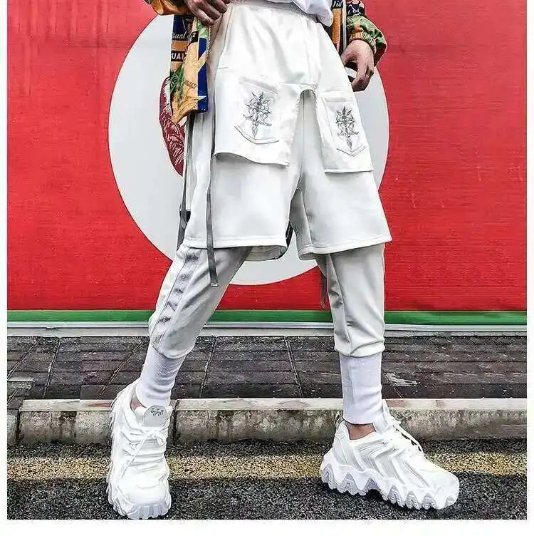 HKSH Fake Two Pieces Embroidered Legged Overalls High Street Hip Hop Dark Techwear Autumn Winter New Cargo Pants Trendy HK2900 Ghost District