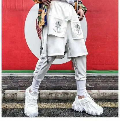 HKSH Fake Two Pieces Embroidered Legged Overalls High Street Hip Hop Dark Techwear Autumn Winter New Cargo Pants Trendy HK2900 Ghost District