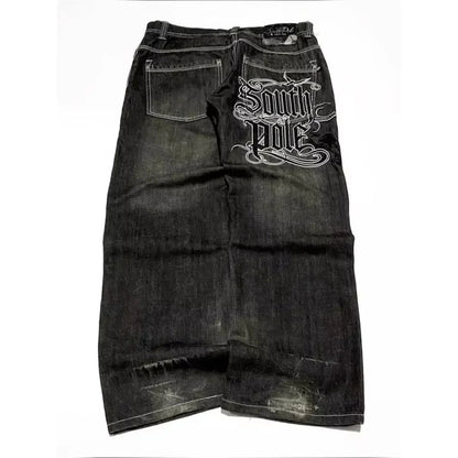 American Trend Retro Gothic Embroidery Graphics Washed Baggy Jeans Women's Y2K New Harajuku Hip-Hop Punk Rock Couple Street Wear Ghost District