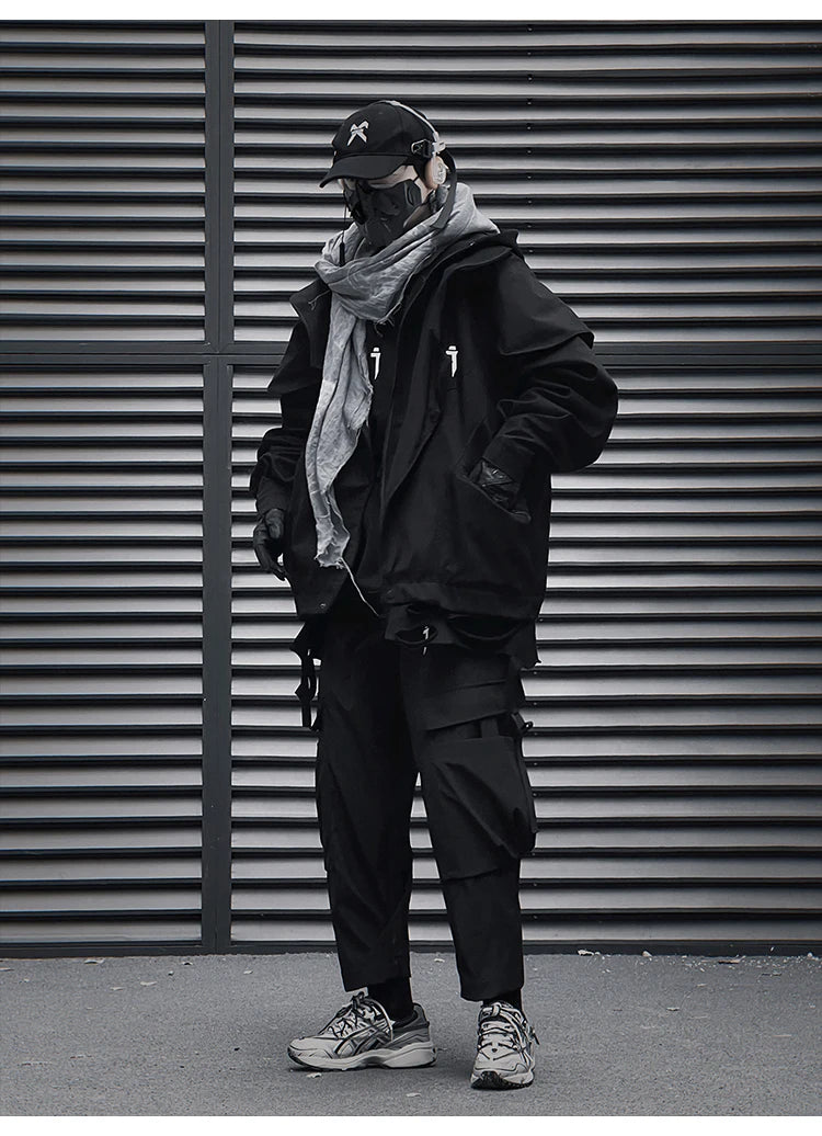Unisex High Street Functional Cargo Jacket Techwear Fake two-piece Tactical Windbreaker Coats Streetwear Men's clothing Oversize - Ghost District