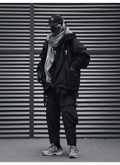 Unisex High Street Functional Cargo Jacket Techwear Fake two-piece Tactical Windbreaker Coats Streetwear Men's clothing Oversize - Ghost District