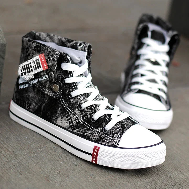 Print Denim Shoes for Men High Top Canvas Shoes Lace-up Flat Street Hip Hop Men Shoes Western Male Cowboy Boots Tenis Masculino - Ghost District