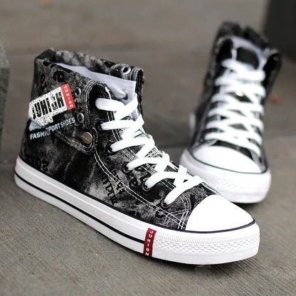 Print Denim Shoes for Men High Top Canvas Shoes Lace-up Flat Street Hip Hop Men Shoes Western Male Cowboy Boots Tenis Masculino - Ghost District