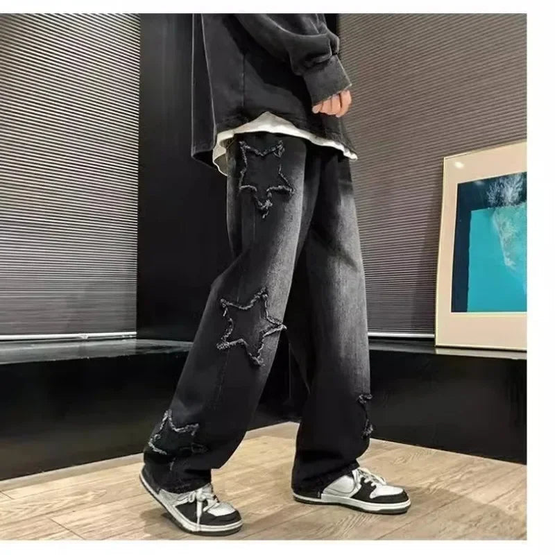 2025 New Fashion Stars Towel Embroidery Brown Men Jeans Pants Y2K Clothes Straight Hip Hop Cotton Trousers Pantalon Homme - Ghost District