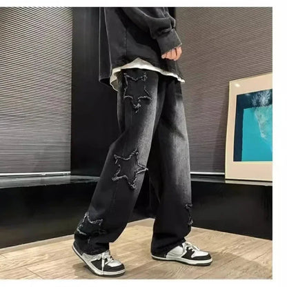 2025 New Fashion Stars Towel Embroidery Brown Men Jeans Pants Y2K Clothes Straight Hip Hop Cotton Trousers Pantalon Homme - Ghost District