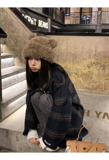 Cute Bear Knit Hat for Women Winter Thickened Fluffy Warm Fleece Beanie Oversized Head Wrap Chunky Crochet Cap Autumn Winter - Ghost District