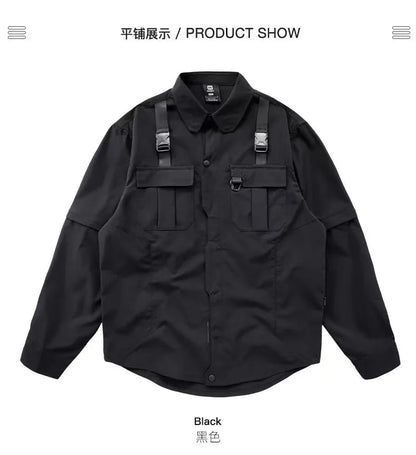 Men's Techwear Button Up Shirt Oversized Streetwear Harajuku Hip Hop Shirts Detachable Sleeve Black Tooling Button Up Blouse - Ghost District