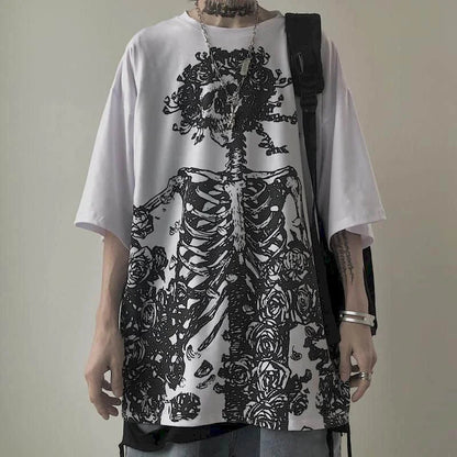Men T-shirts 2023 Summer Streetwear High Street Gothic Skull Tshirt Loose Oversized Short-sleeved T shirt Dark Anime Men Y2k Top Ghost District